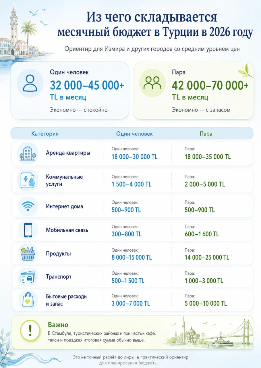Инфографика с примерным месячным бюджетом на жизнь в Турции в 2026 году