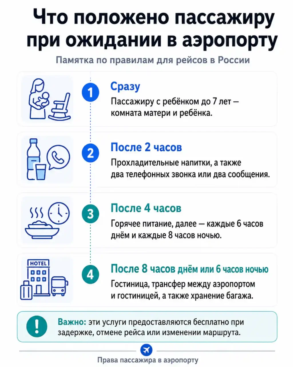 Что положено пассажиру при ожидании в аэропорту после отмены/переноса рейса