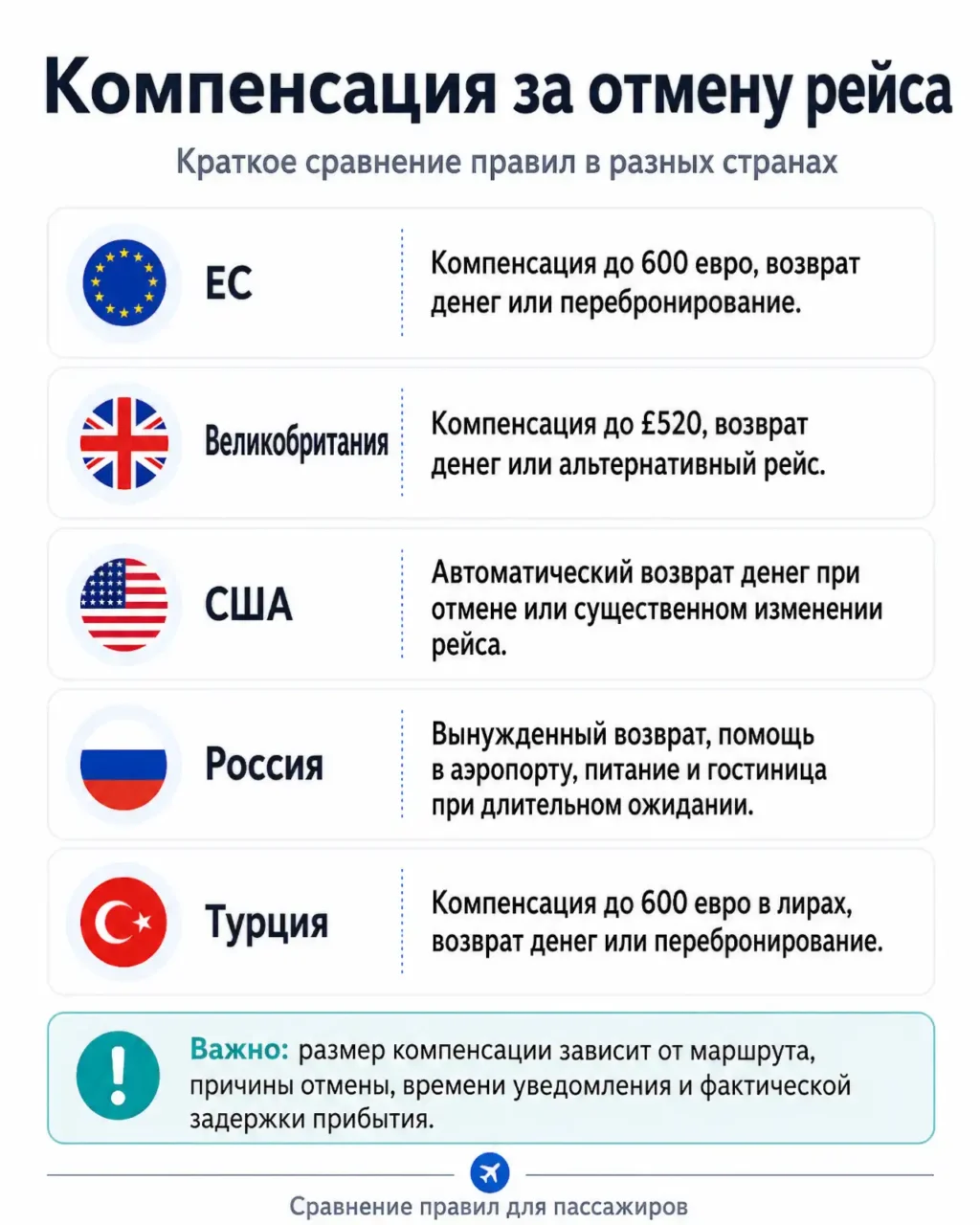 Сравнение размера компенсации за отмену рейса в разных странах